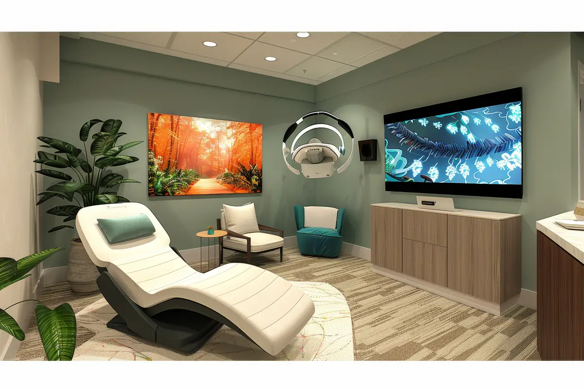 A room featuring a massage chair and a television for relaxation and entertainment Design a room with virtual reality technology for patient entertainment and relaxation