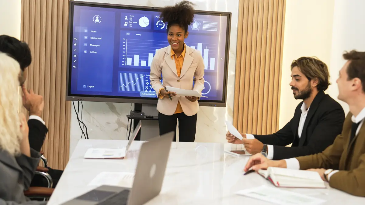 Presentation in office or ornament meeting room with analyst team