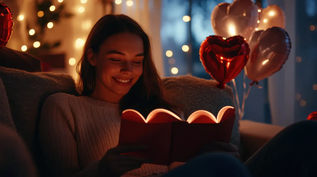 A woman smiling while reading a Valentines Day card at home surrounded by festive decorations and warm ambient lighting