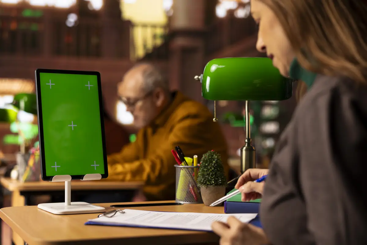 College scholar reviewing academic sources next to copy space screen
