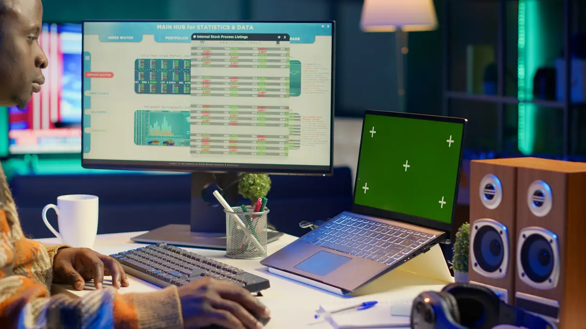 Trading engineer looking at e commerce diagrams and copy space on display
