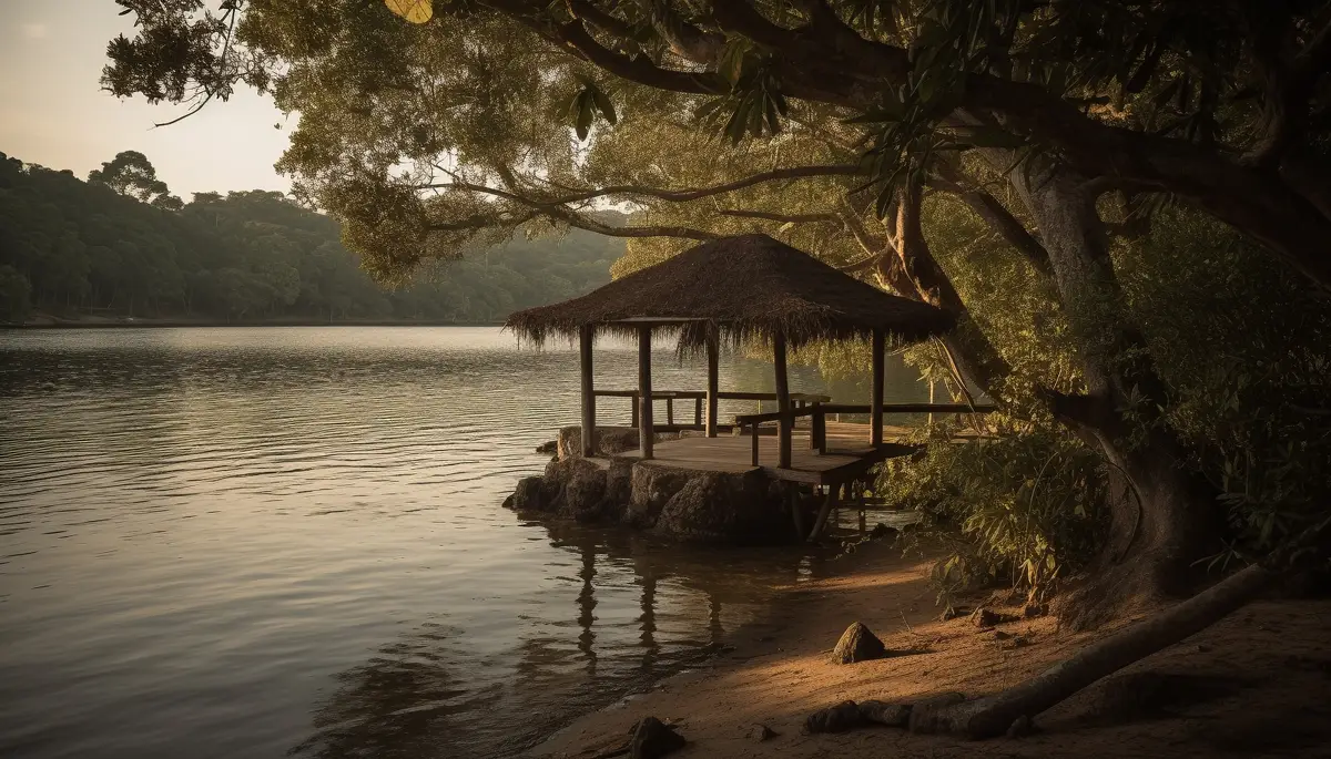 Tranquil sunset over tropical forest and water generative AI