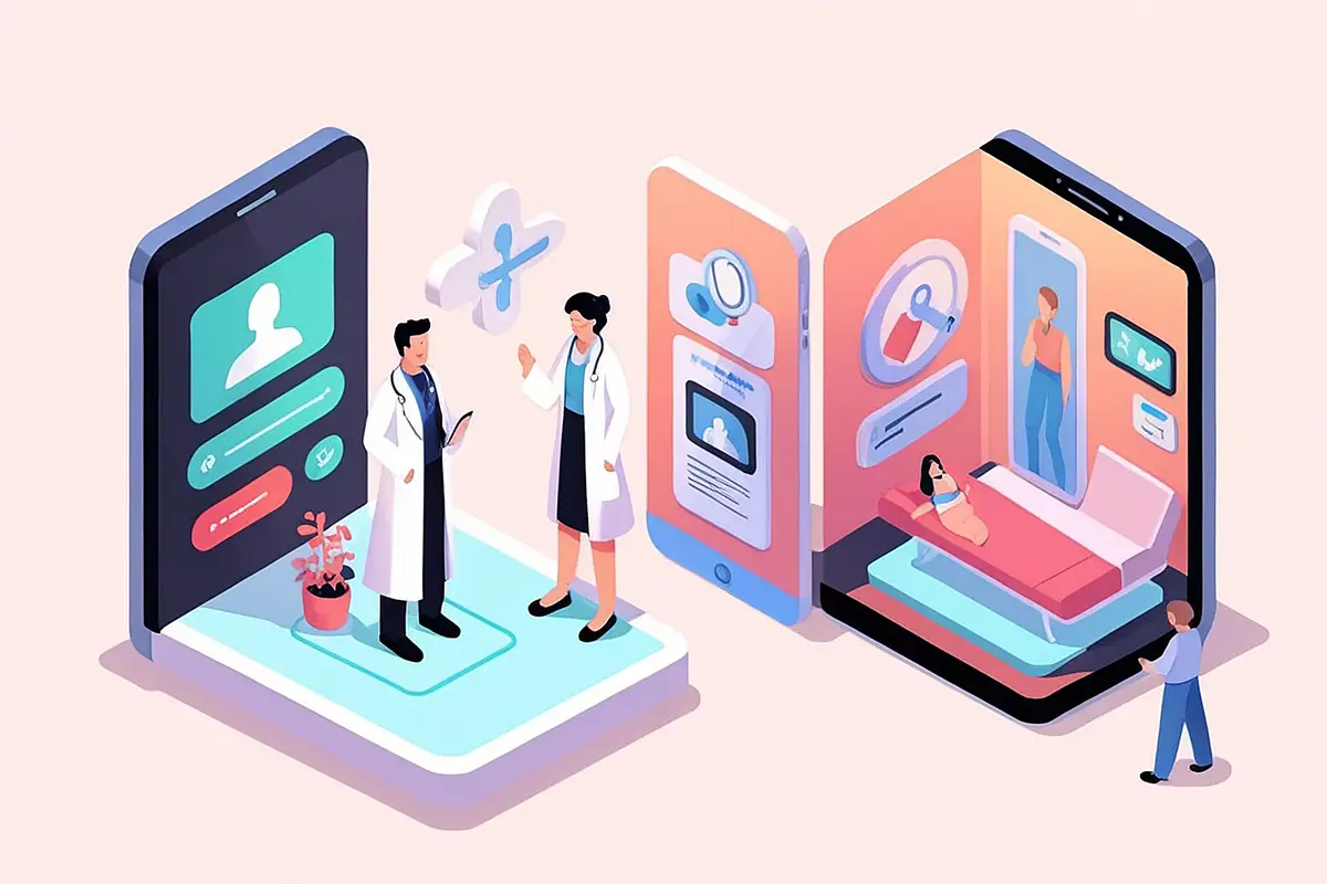 Flat 3D Isometric Doctor Available for Instant Medical Consultation Inside Smartphone Telemedicine Concept