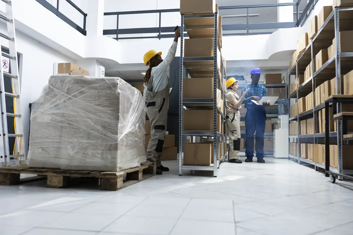 Multiethnic staff work on e commerce orders logistics in storage room