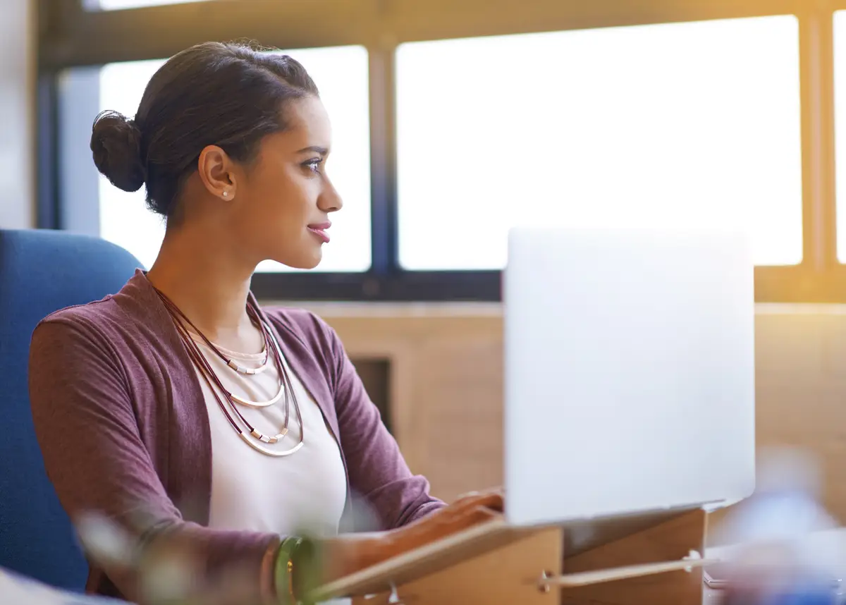 Thinking designer and woman with laptop ideas and problem solving for opportunity and brainstorming or planning Person worker or employee with computer creativity or feedback with project email