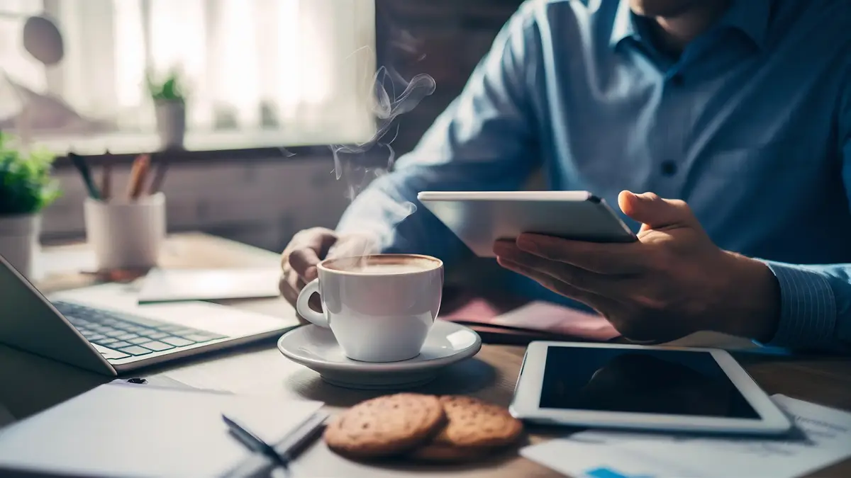 Meantime coffee break at work with digital tablet