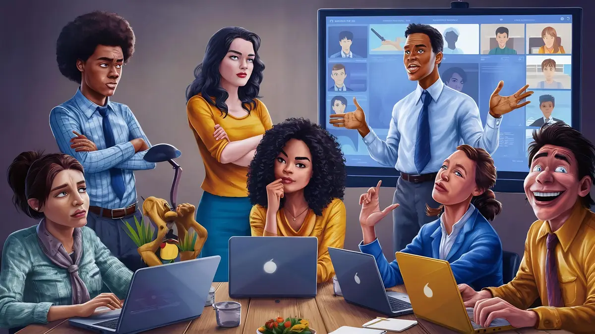 Young african and caucasian men and women sitting at office and working on laptops