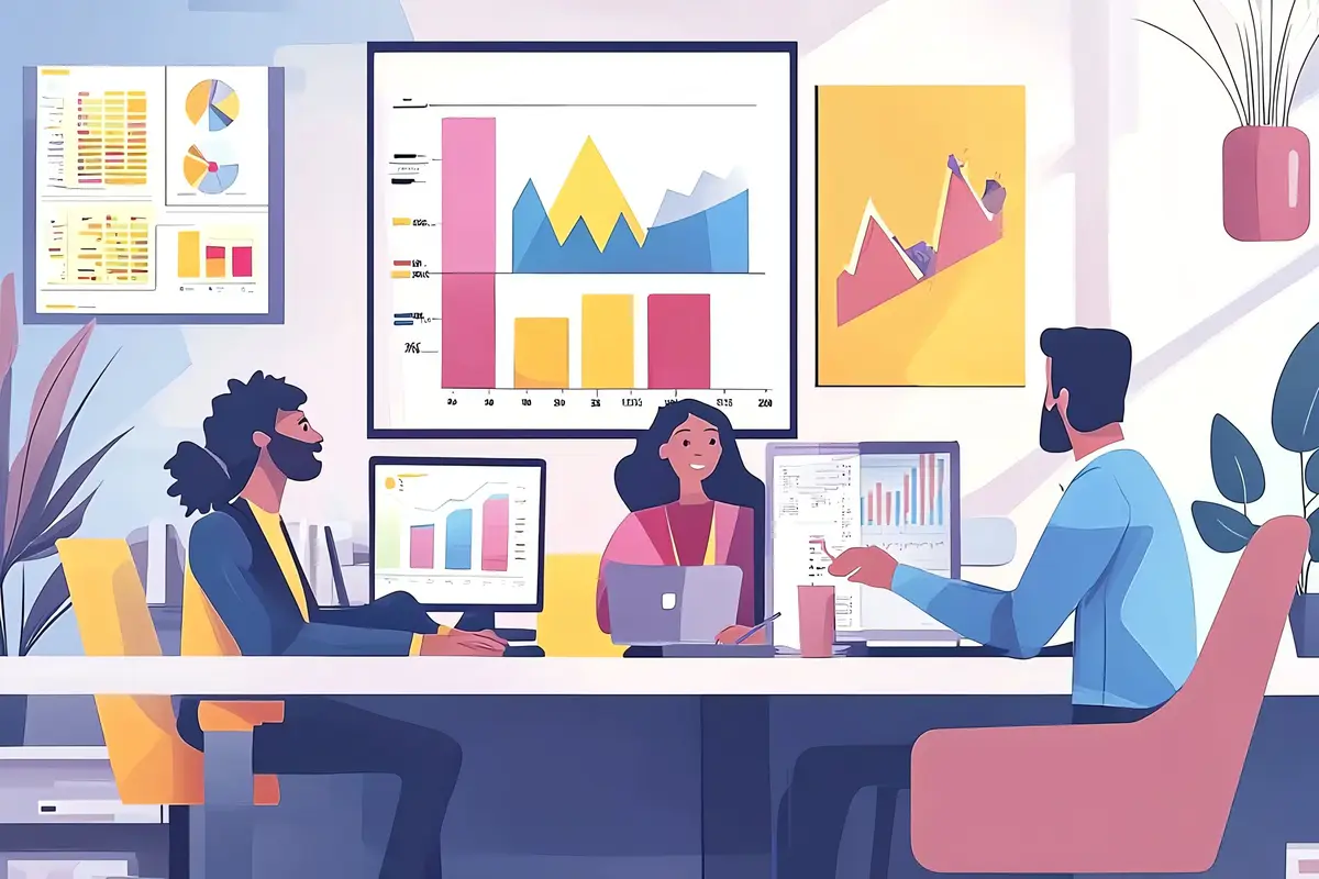 a cartoon illustration of people working in a meeting with a graph on the wall