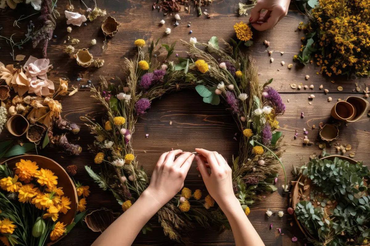 Top view of a wreathmaking process on a table