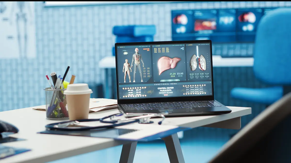 Empty medical cabinet in hospital with a laptop and diagnostic tools set up
