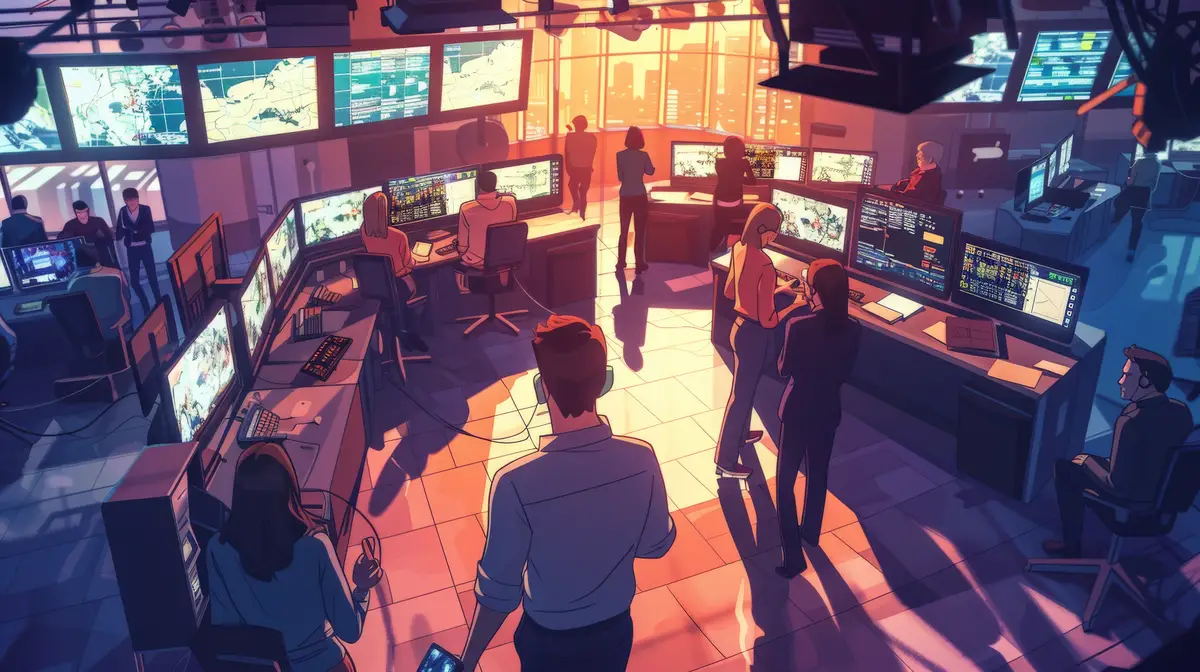 A vibrant control room filled with professionals monitoring multiple screens showcasing teamwork and technology in action