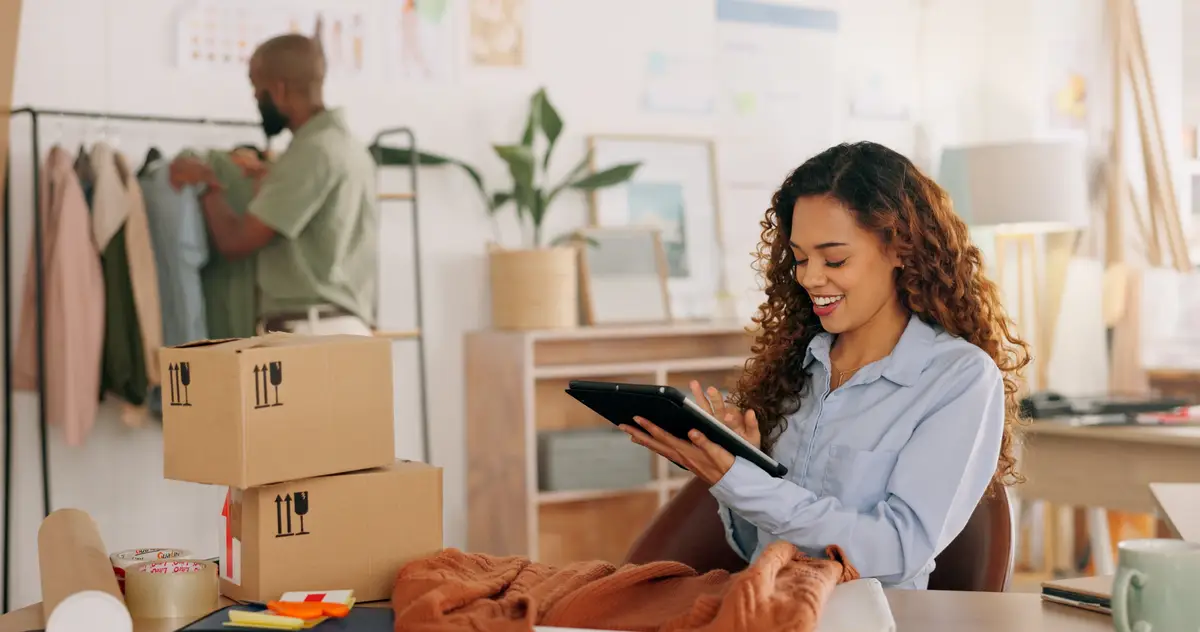 Fashion delivery box and business people with stock inventory stock inventory check and package product teamwork for e commerce logistics industry Clothes startup worker for courier supply chain