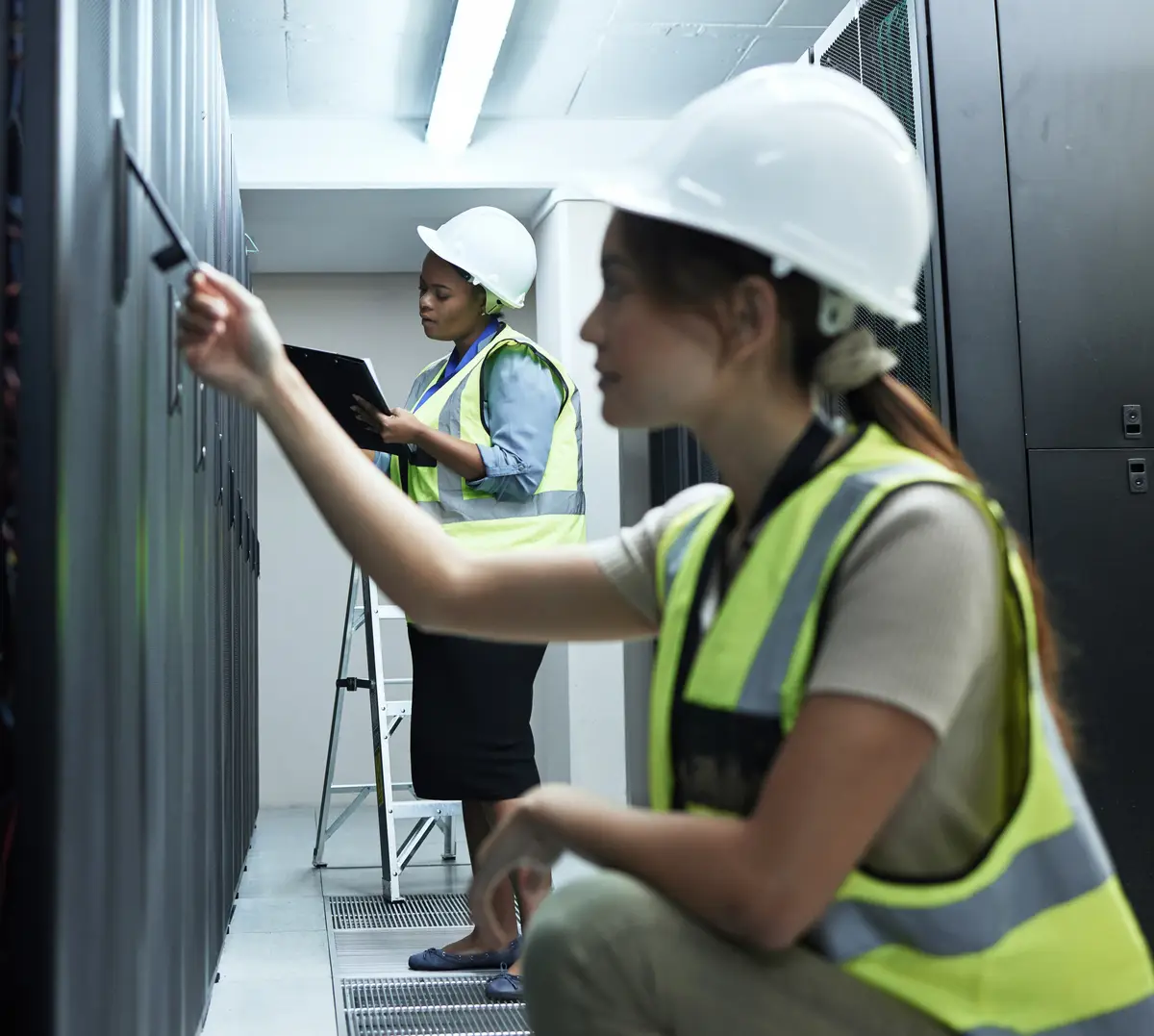 Engenheiras trabalhando em sala de servidores e painéis elétricos realizando checklist de manutenção e verificação de equipamentos