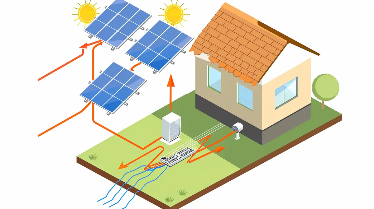 a cartoon drawing of a house with solar panels on the roof and a man working on the roof