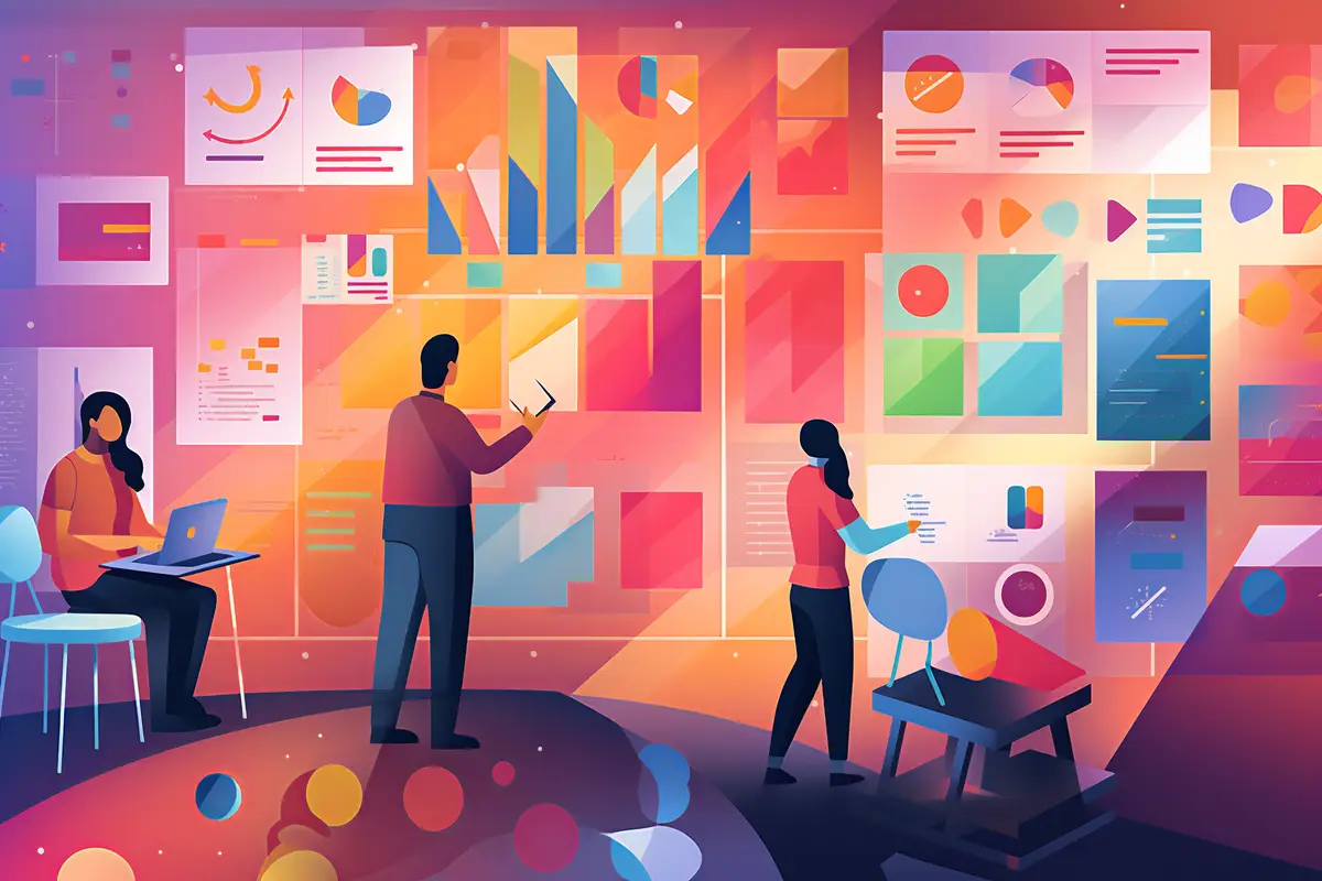 Illustration of a UX research team scrutinizing user data amidst charts and notes