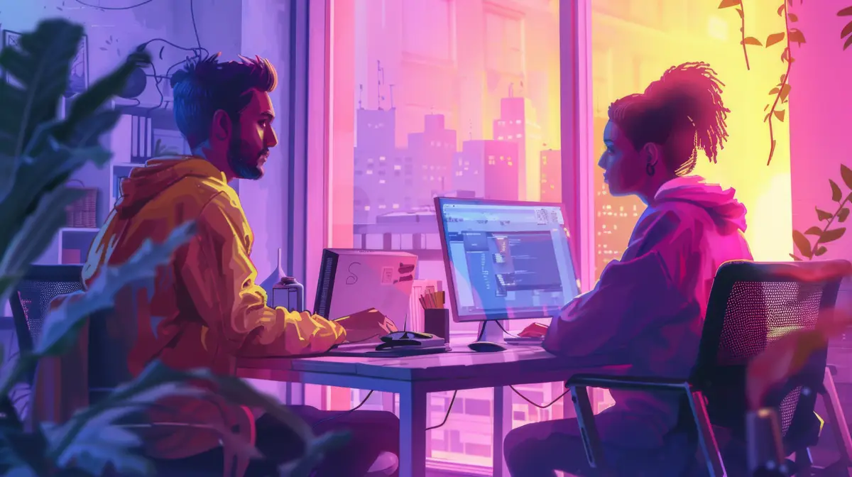 Two People Working at a Computer in a Neon Lit Room