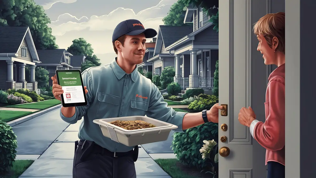 Food courier ringing doorbell holding tablet delivering food to door