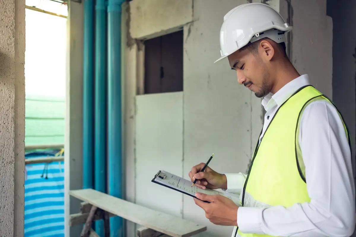 Engineer checking defect in construction site about line of soil and waste pvc pipe
