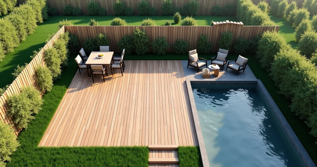 3D rendered model of a modern backyard design