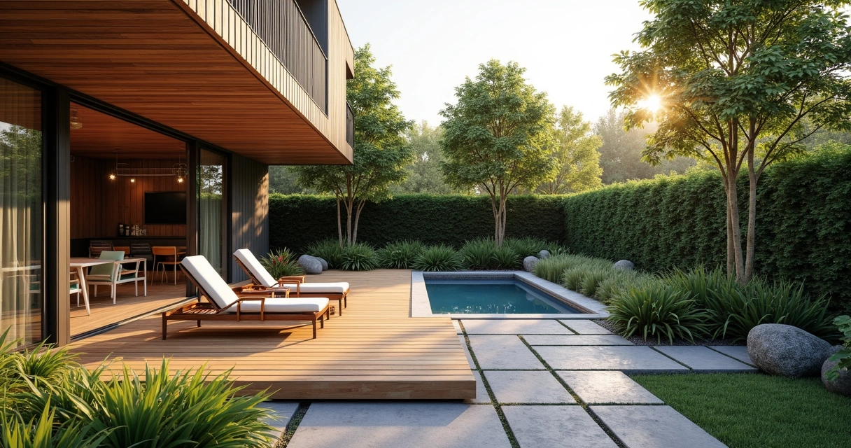 3D backyard rendering with outdoor seating and lush plants