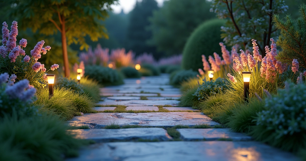 Close-up of 3D model showing mixed plants, stonework, and garden lighting