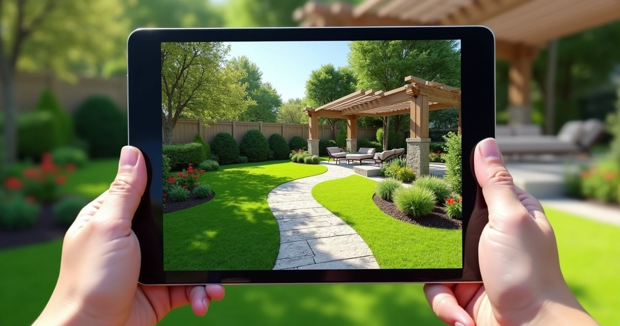 Virtual 3D walkthrough of garden landscape on tablet