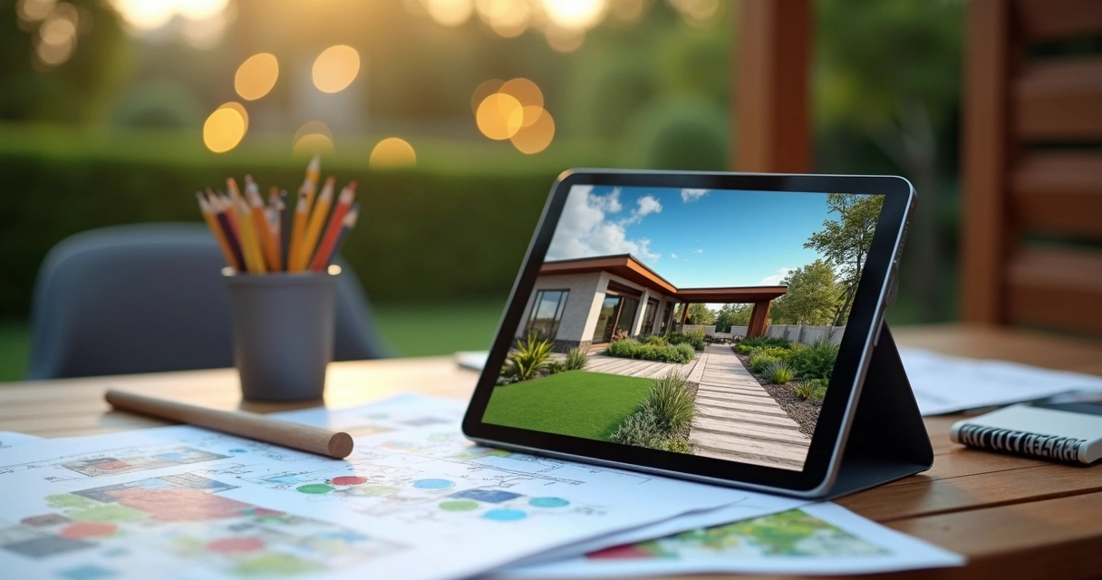 Selection of landscape renderings and models on tablet and paper