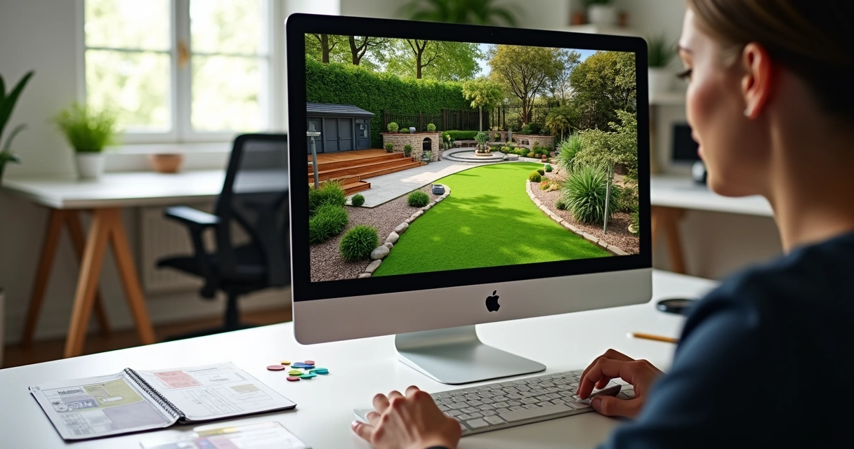 Designer working on 3D landscape design software viewed from behind