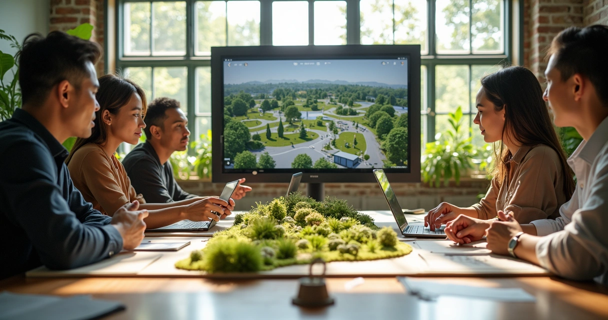 Design team collaborating around 3D landscape model