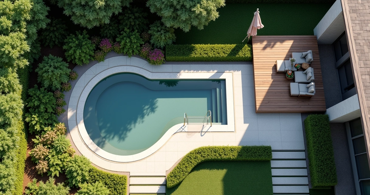Overhead view of a modern backyard garden with 3D landscaping
