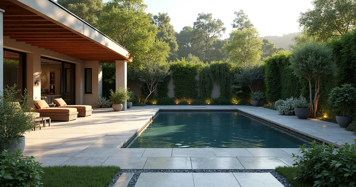 3D rendering of a backyard patio with a pool and garden beds