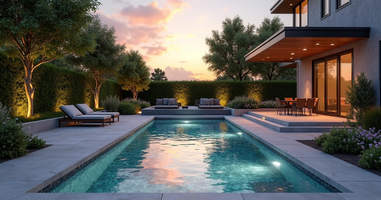 3D garden rendering at sunset with pool, patio, and lush greenery
