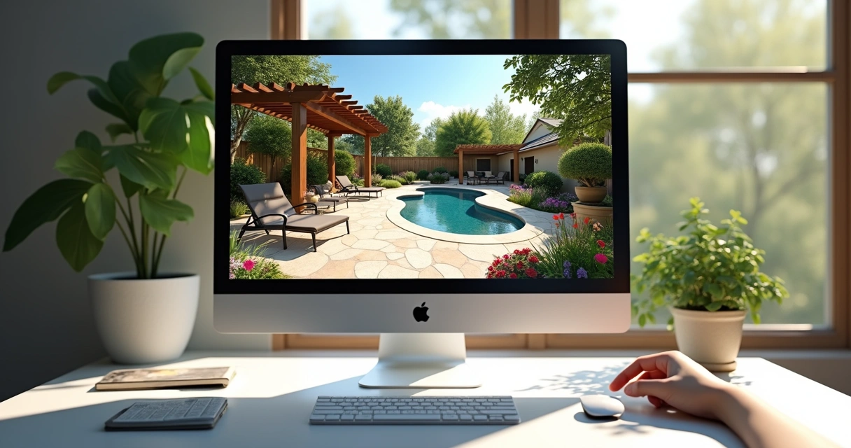 User virtually exploring a 3D landscape design on a computer