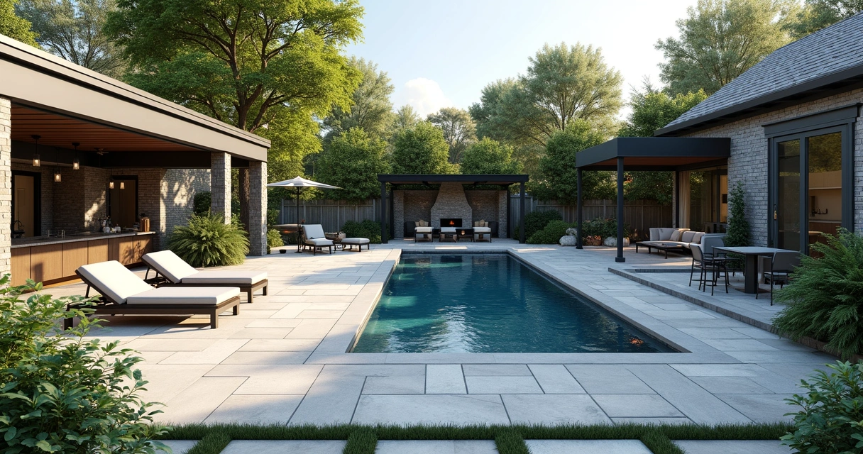 Modern pool and patio 3D render with furniture and landscaping