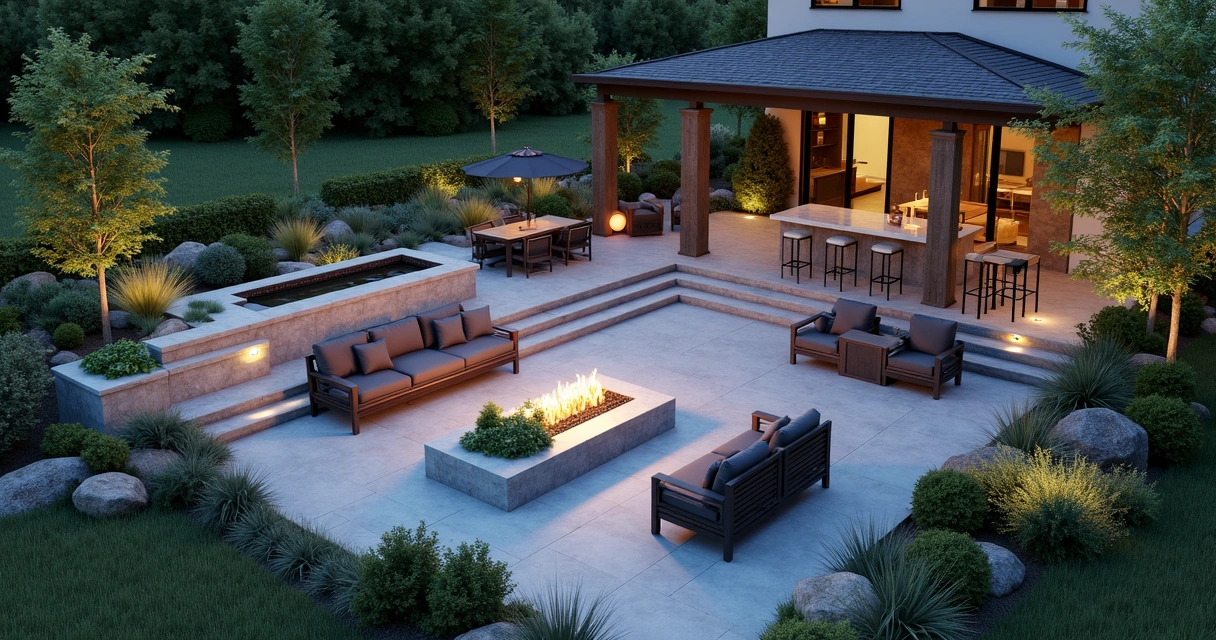 Modern 3D landscape with multi-use zones, fire feature, and lush planting