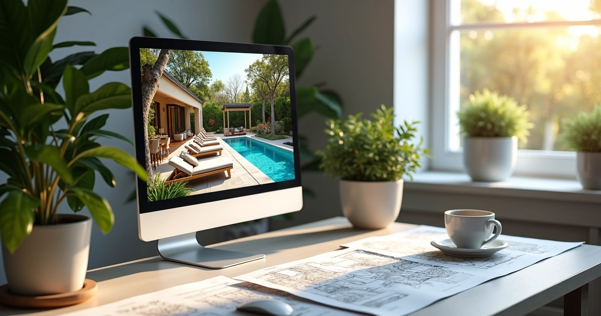 3D-rendered landscape design displayed on a computer screen in a modern workspace