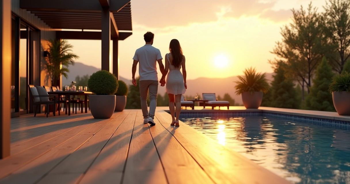 3D simulated walkthrough of a pool and patio at sunset