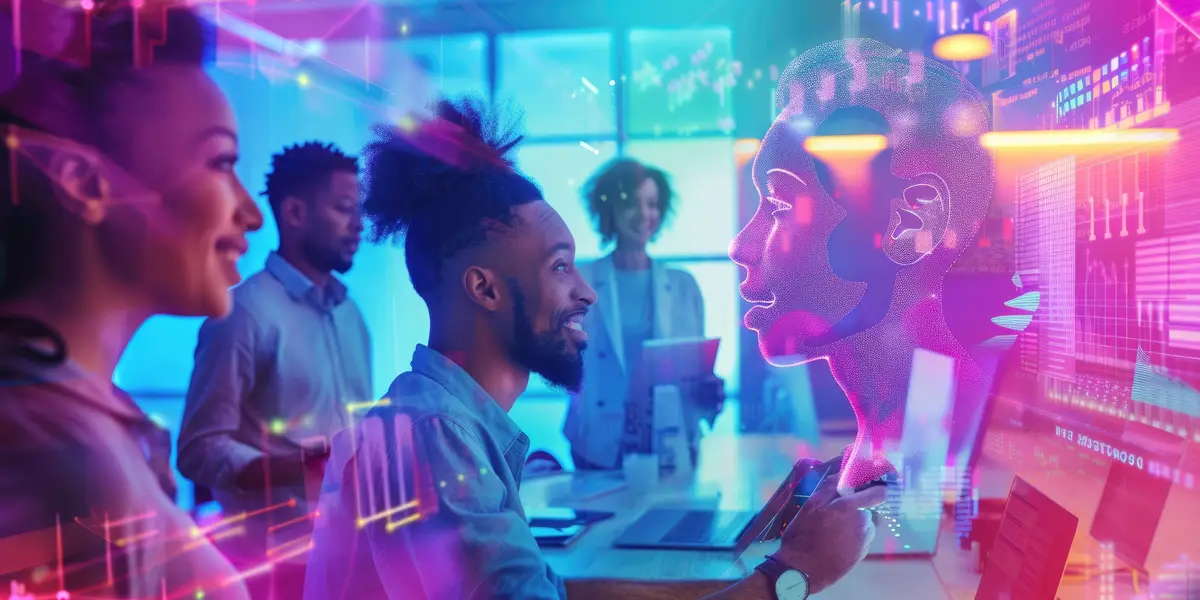 Marketing Team and AI Hologram Presenting Creative Strategies AIG60