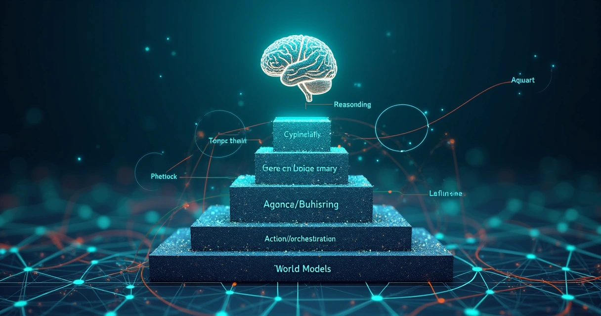 Ilustração dos quatro pilares dos sistemas de IA, com blocos representando memória, raciocínio, ação e modelos de mundo 
