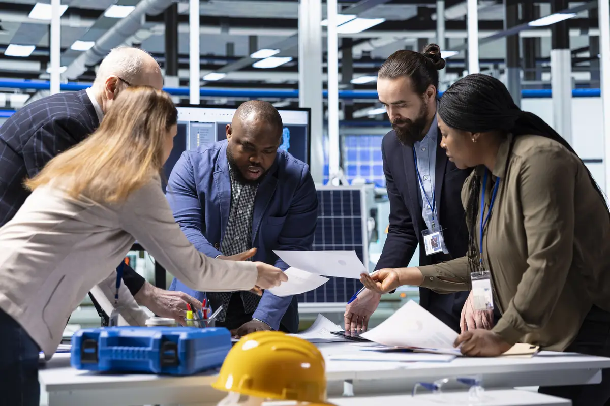 Industrial plant shareholders conducting research reading paperwork