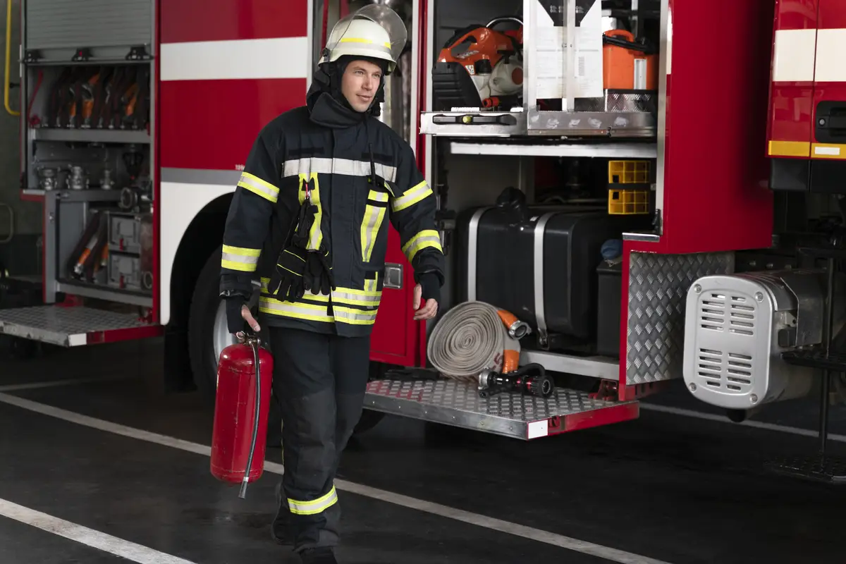 Male firefighter at station equipped with suit and safety helmet