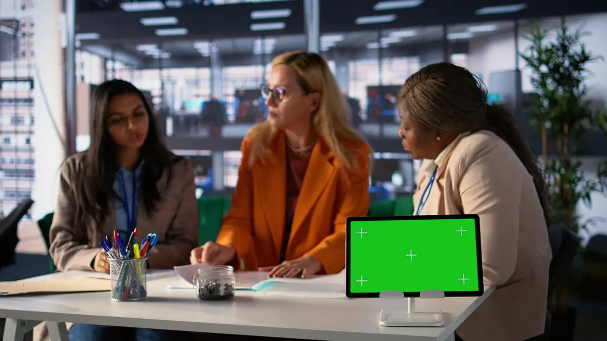 Group of businesswomen sharing insight on a new project next to copy space