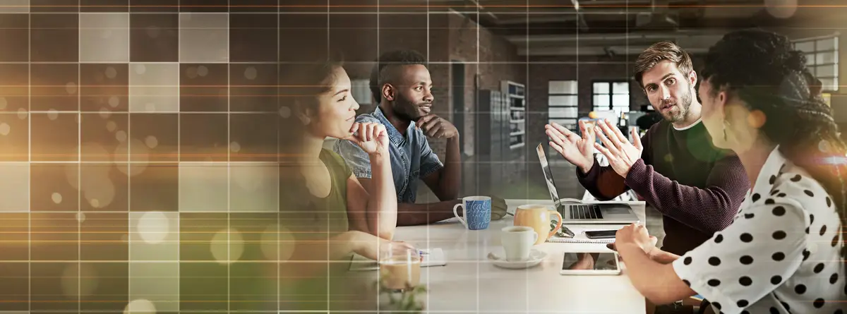 Business people conversation and teamwork in a meeting planning or feedback for proposal project or tech startup Mockup space bokeh or leader with group grid or ideas with discussion or talking