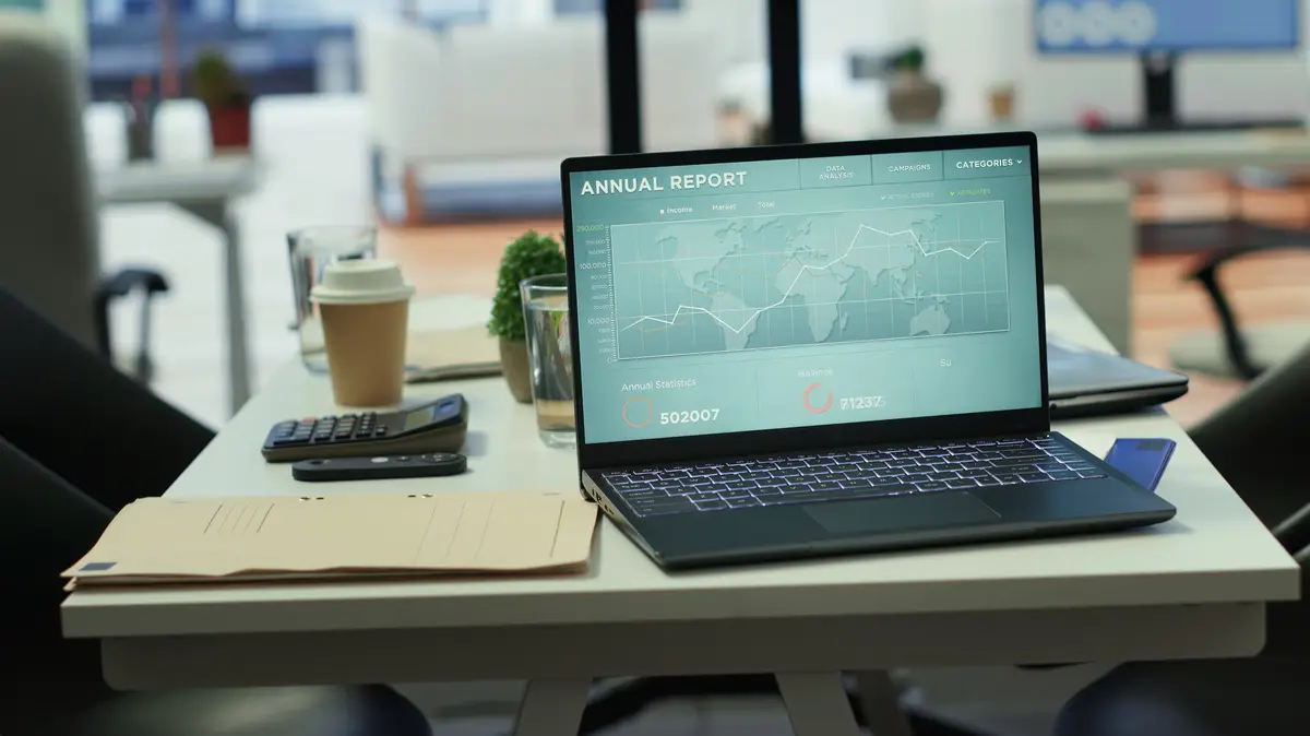 High end company office with a computer showing detailed data insights executive business meetings