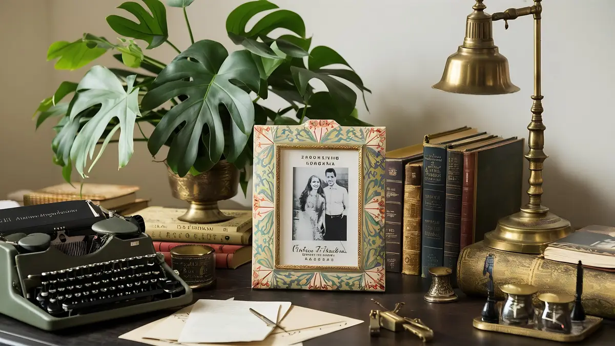 Decorative desk with frame next to plant