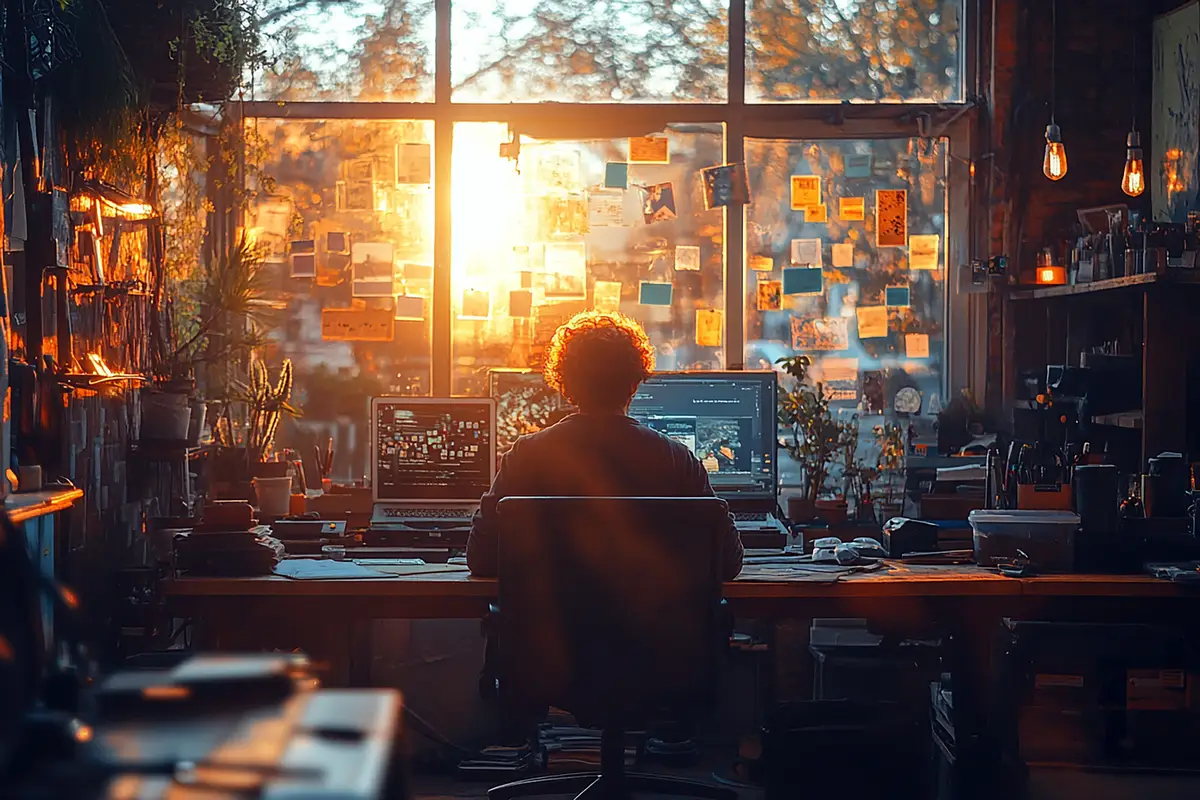 a man is sitting at a desk in front of a window with the sun shining through it