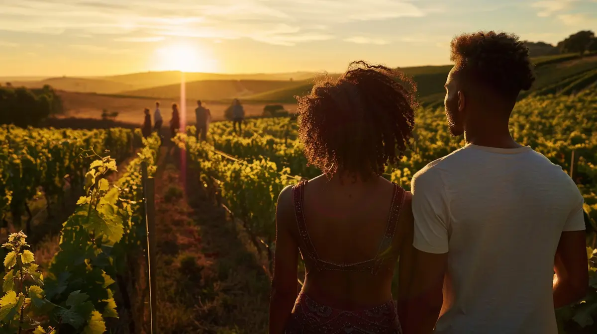 Couple walking through a vineyard