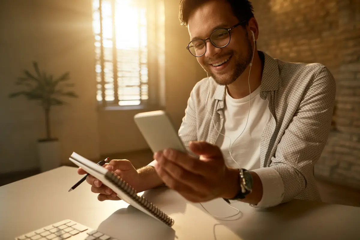 Young happy freelance worker using mobile phone and reading text message while working in the office