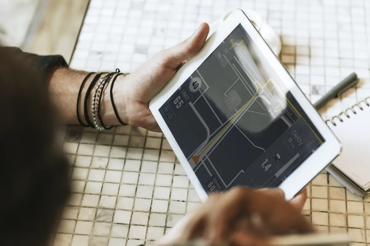 Man using navigate application searching place