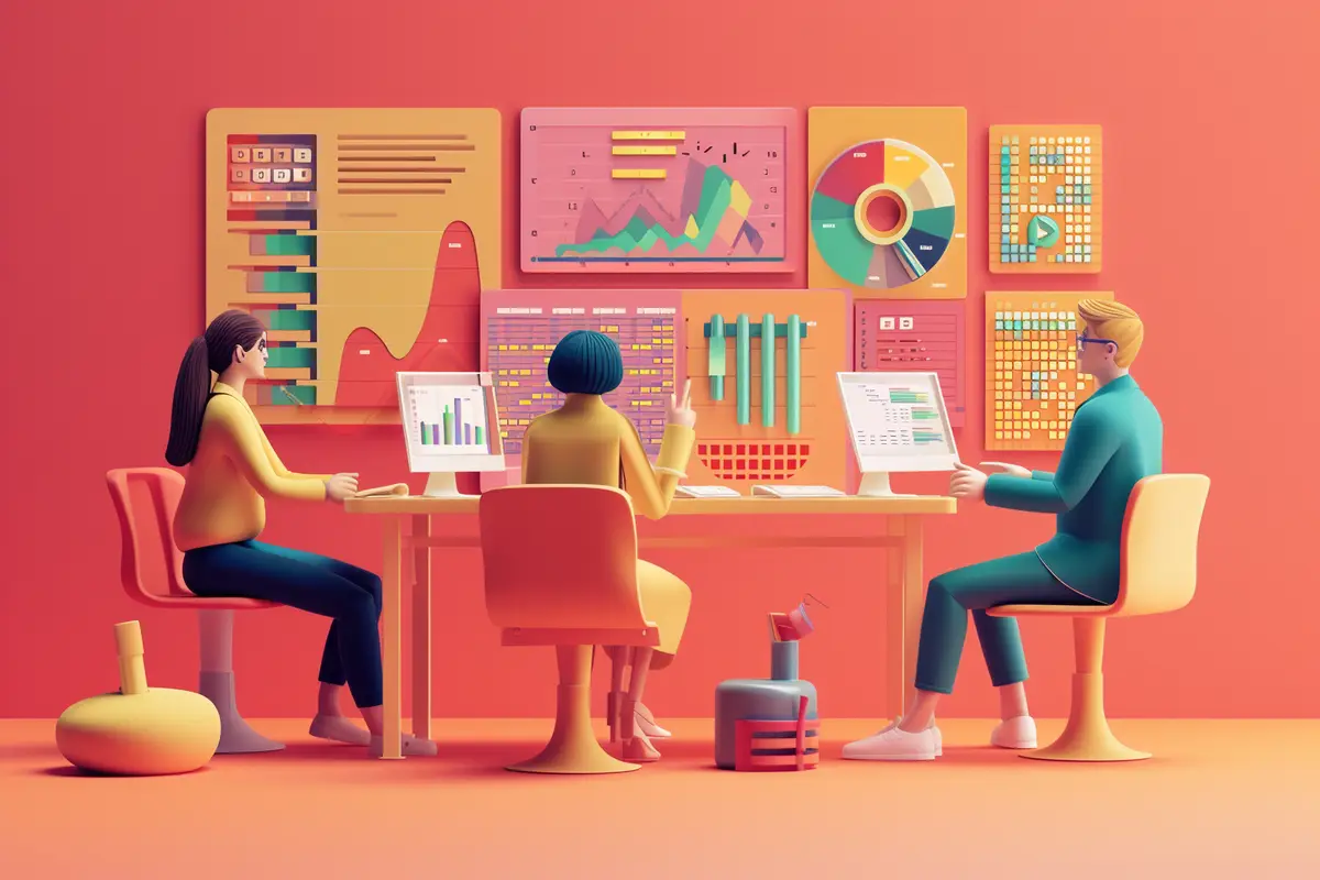 Três pessoas trabalhando em laptops em uma mesa com visualizações de dados exibidas em uma parede.